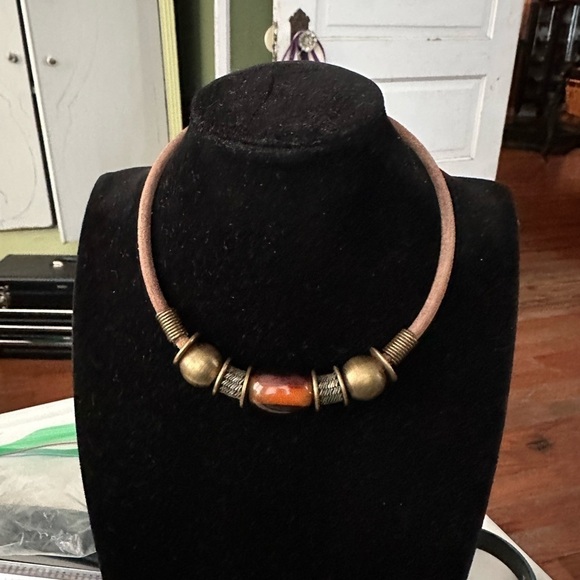 Vintage Bohemian Leather Bead Choker Necklace Women's 1970s - Picture 3 of 6